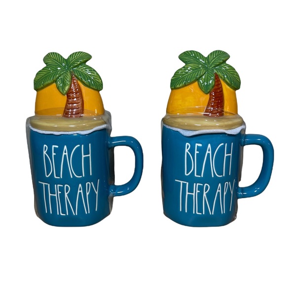 Rae Dunn Other - ⚡️SOLD⚡️Rae Dunn "Beach Therapy" Coffee Mug w/ Topper Lid Palm Tree 2 Set Mugs